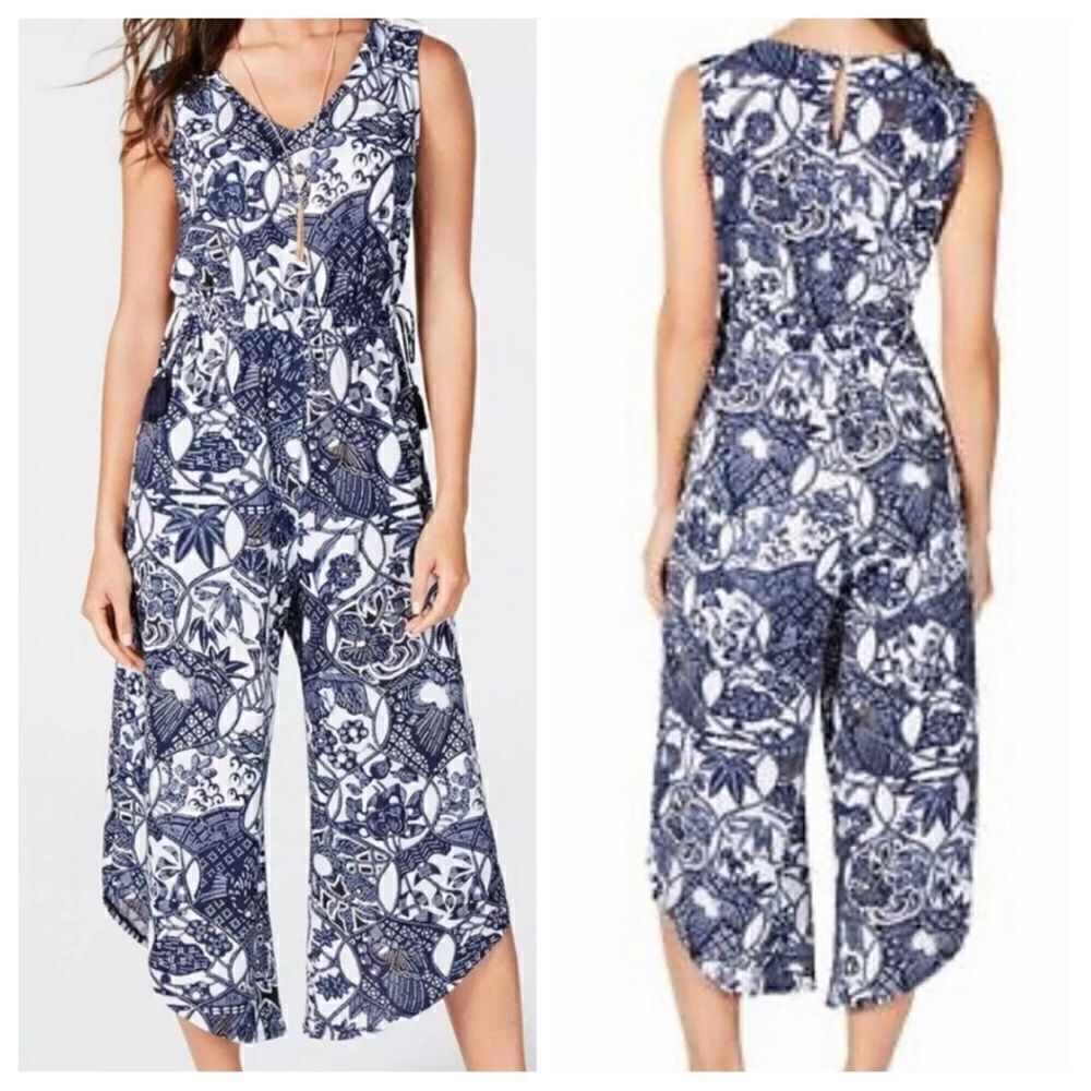 STYLE & CO Cropped Floral Sleeveless Jumpsuit Blue Stretch Jersey Size XXL